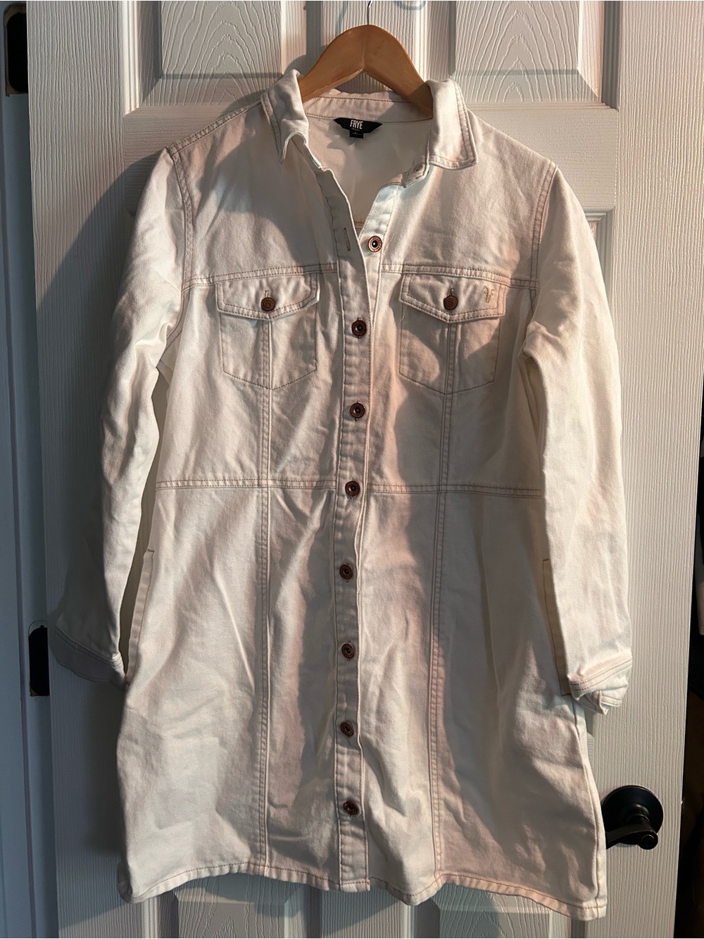 FRYE 100% Cotton White Denim Shirt Bone Cinched Waist Boho Western Rodeo Dress - Picture 5 of 10